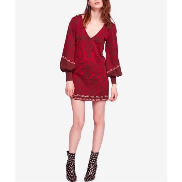 Free People Music and Lyrics Damask Knit Long Sleeve Sweater Dress Red S NWT - Picture 13 of 13